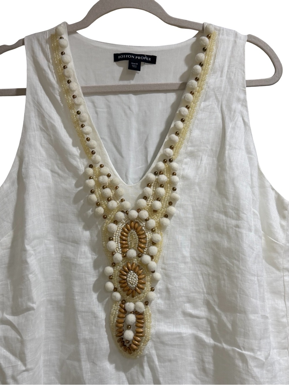 ✨ Boston Proper Linen White Shift Dress Yellow Gold Beaded Detail Size Medium - Picture 6 of 13